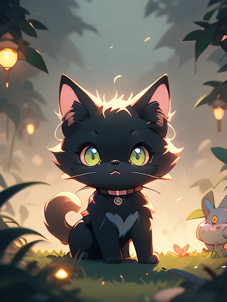 a black cat with glowing eyes sitting in the grass, cute detailed digital art, cute detailed artwork, cute digital art, 🌺 cgsociety, cute art style, adorable glowing creature, cute artwork, jen bartel, by Kubisi art, very very beautiful furry art, with glowing eyes, beeple and jeremiah ketner, cat from the void