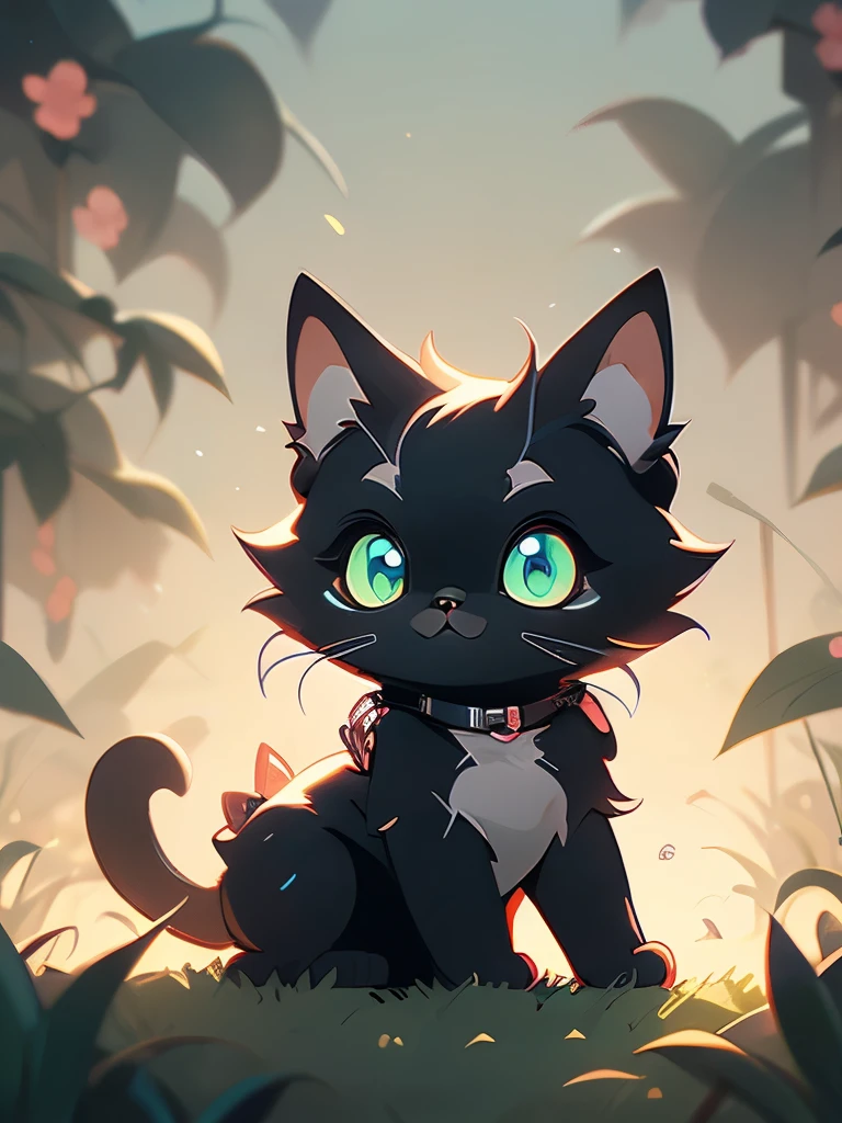 a black cat with glowing eyes sitting in the grass, cute detailed digital art, cute detailed artwork, cute digital art, 🌺 cgsociety, cute art style, adorable glowing creature, cute artwork, jen bartel, by Kubisi art, very very beautiful furry art, with glowing eyes, beeple and jeremiah ketner, cat from the void