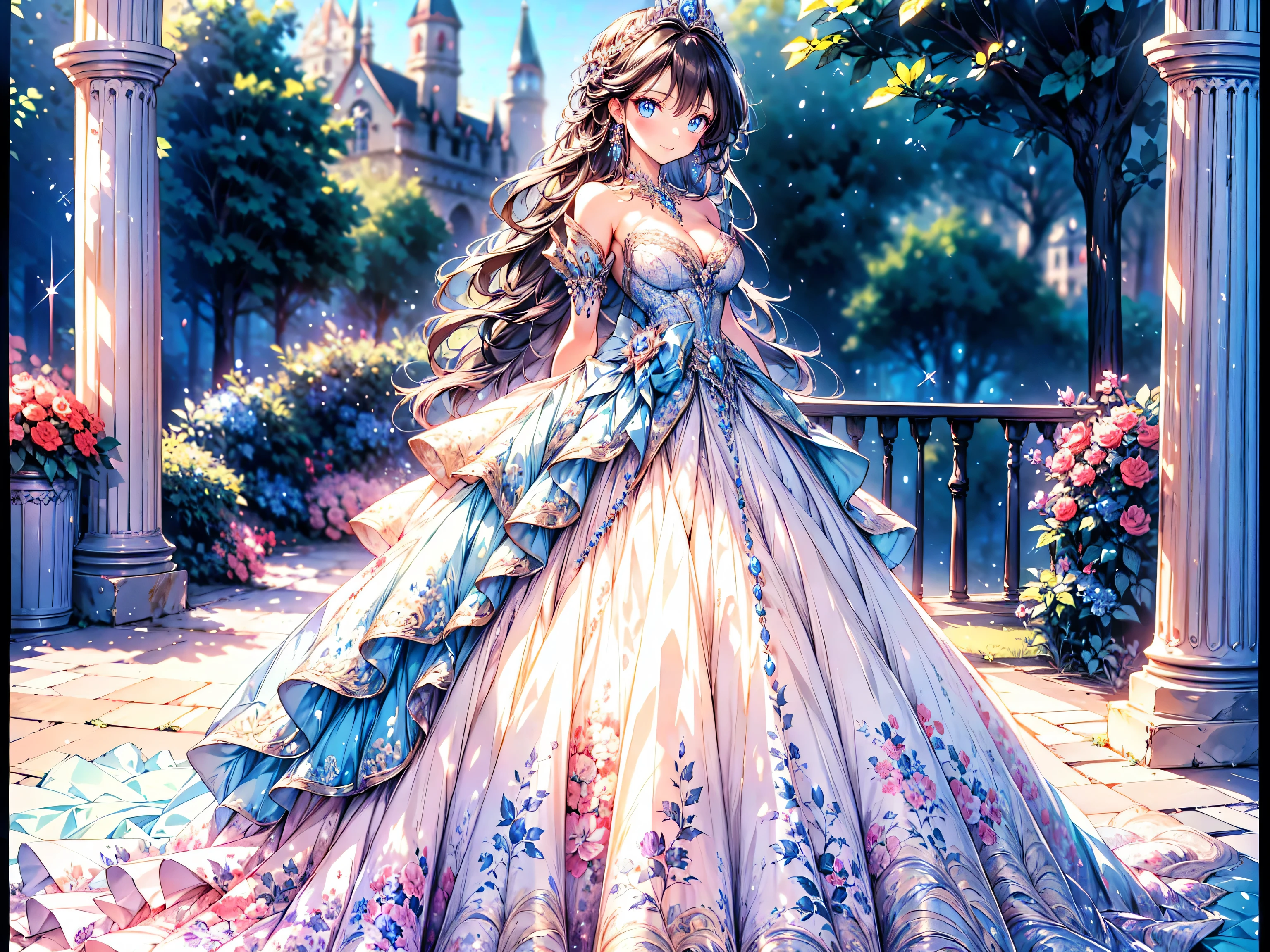 ((Superbly detailed drawing, ultra detailed, exquisite quality, absolutely resolution)), ultra luxurious rococo victorian gown, huge hoop skirt with volume and expanse, princess style skirt with long hems, extremely complex and difficult understand structure, and ultra multi structured ruffles at ultra detailed and beautiful, finest gown,  
BREAK 
fluffy super voluminous long expressive, asymmetrical bangs, tiara, huge breasts, happy smile, super detailed skin, super delicate and beautiful face, kawaii face, hyper detail face, 
BREAK 
 (eyes blue eyes), (blurry background:1.5), (depth of field), backlighting, caustics, ((fog, fantasy castle)), (dynamic angle:1.3), amazing digital paint, anime moe art style, magnificent panorama view, 
BREAK 
 (((young face solo princess)), ((looking at viewer, from above, leaning forward)), ((front view)), ((front view)), (((arms behind back))), ((full body)),