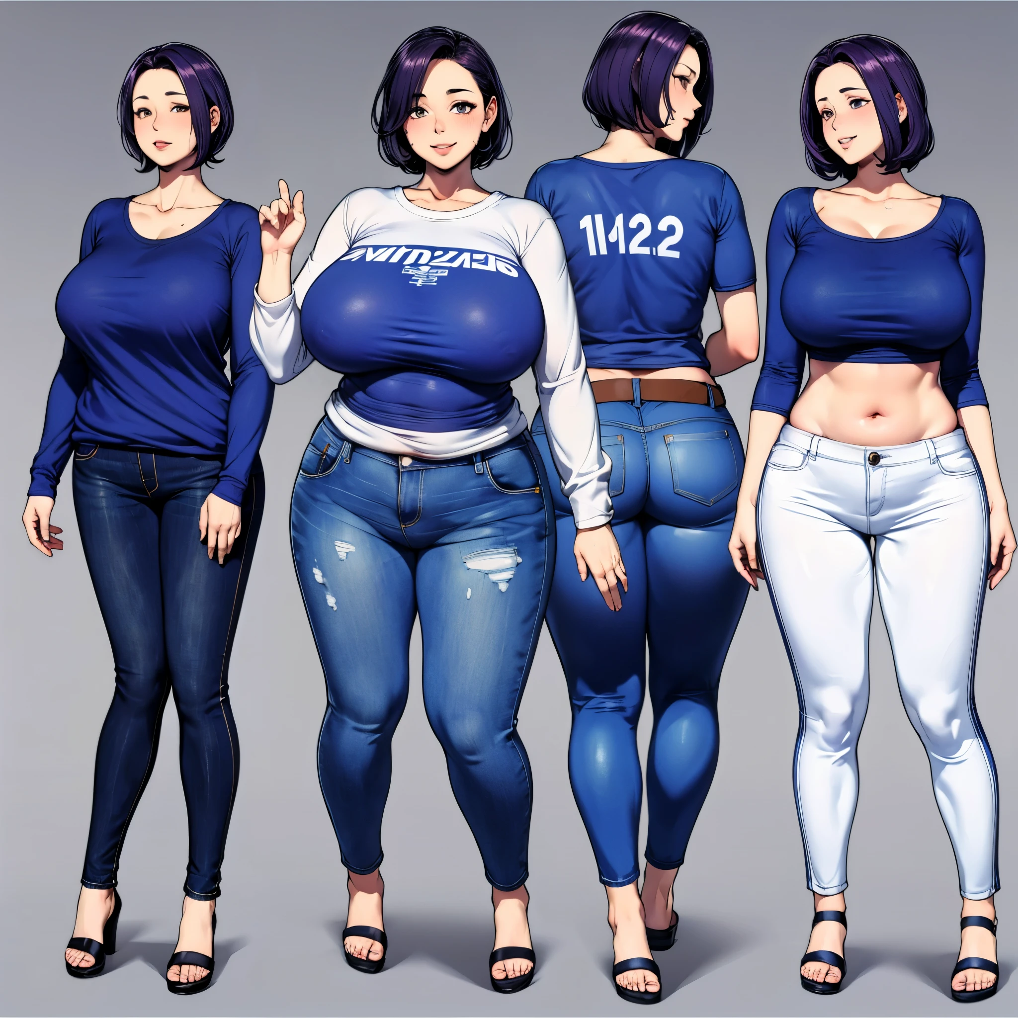  character design sheet, 
( anatomically correct:1.1), 
1 Beautiful Japanese mature woman, 170cm tall, (( mature woman opening a millimeter:1.2, Gutsy Mother:1.2, Handsome:1.2,  cool:1.2)), Married Woman, 42 years old, The original female warrior, 
Violet Hair, ((Center parted short hair:1.2)), (Outward-curling layers:1.1),
Long, beautiful eyes,  grin , Swollen lips,  let go of her lips, 
 glamorous, Obscene plump body, Huge breasts and ass, Big thighs,
(( long sleeve t-shirt:1.2,  long denim pants :1.2)), Sports sandals, Wedding Rings, 
Audience-Aware Model Poses, 
 simple background , Light background