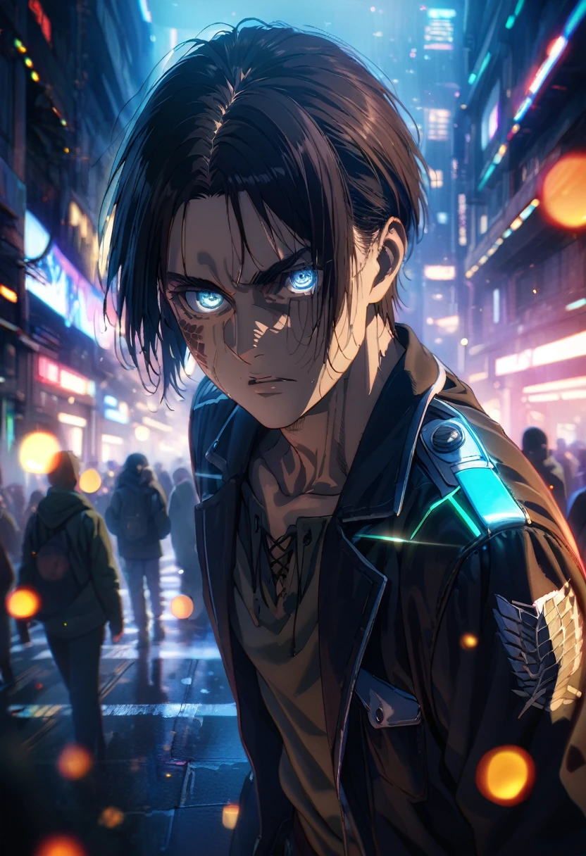 Upper half of the body, (Masterpiece, best quality: 1.2), Alone, adult male, Eren Yeager, Attack on Titan, looking at viewer, official art, extremely detailed CG unit, 8k wallpaper, perfect lighting, ( masterpiece: 1.0), (best quality: 1.0), ultra high resolution, 4k, ultra detailed, photography, 8k, HDR, high resolution, absurdities: 1.2, bokeh effect: 1.2, lens flare, (vibrant color: 1.2) , cyberpunk futuristic city, futuristic clothes, cyberpunk, full body, fighting pose