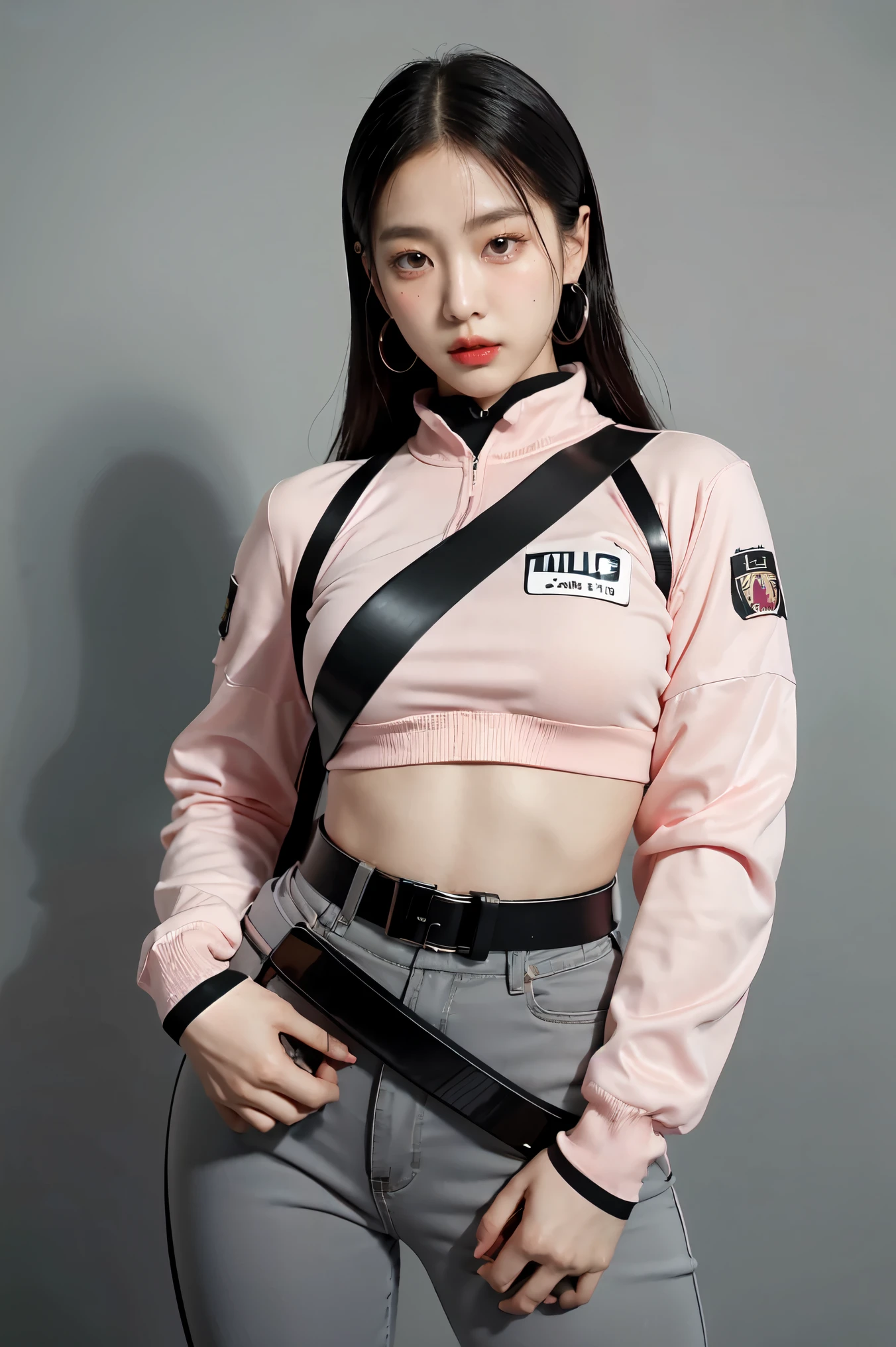 (Highest image quality, outstanding details, ultra-high resolution), (realism: 1.4), favor details, highly condensed 1 beautiful Korean girl, with a delicate and beautiful face, ((cowboy shot)), (a bit chubby:0.4), (wearing black racing suit likes police uniform, black and pink mecha pants, wearing military harness, holding a machinegun), background simple grey concrete,
