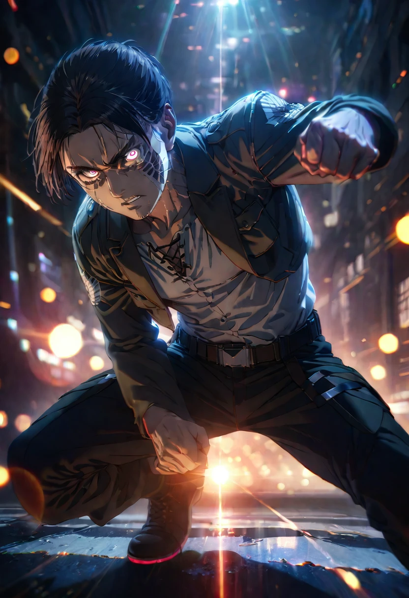 Upper half of the body, (Masterpiece, best quality: 1.2), Alone, adult male, Eren Yeager, Attack on Titan, looking at viewer, official art, extremely detailed CG unit, 8k wallpaper, perfect lighting, ( masterpiece: 1.0), (best quality: 1.0), ultra high resolution, 4k, ultra detailed, photography, 8k, HDR, high resolution, absurdities: 1.2, effect Bokeh: 1.2, lens flare, (vibrant color: 1.2), futuristic clothing, cyberpunk, full body, fighting pose