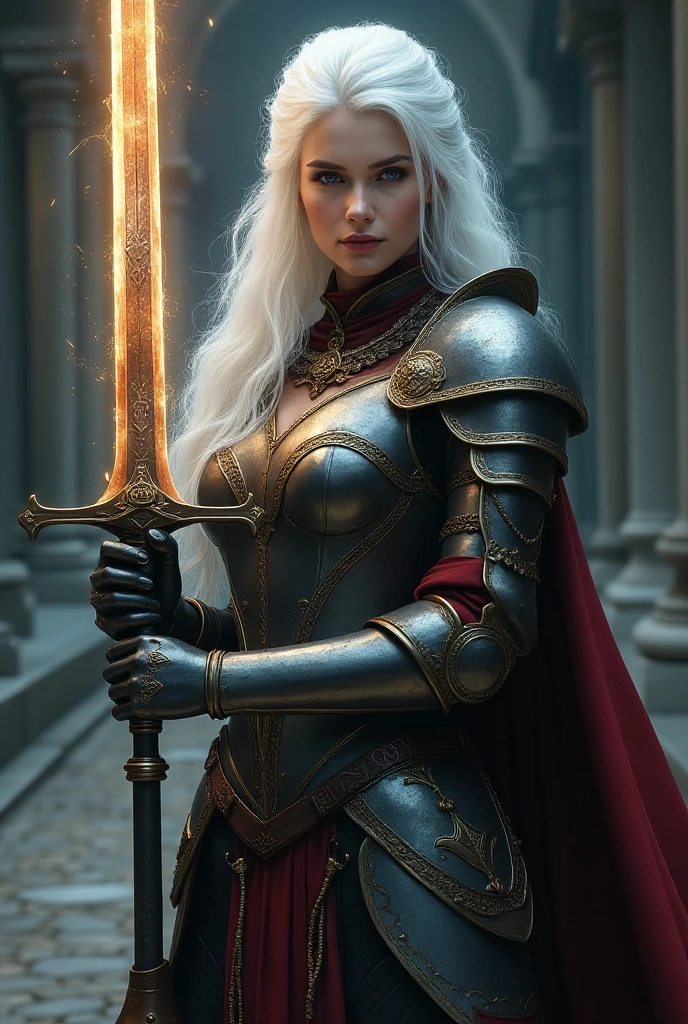 50 year old woman in medieval armor, fully body, 4k ultrarealism, expression of pain, sweat and grime of battle, Giant sword, Giant tits, 2 meter woman