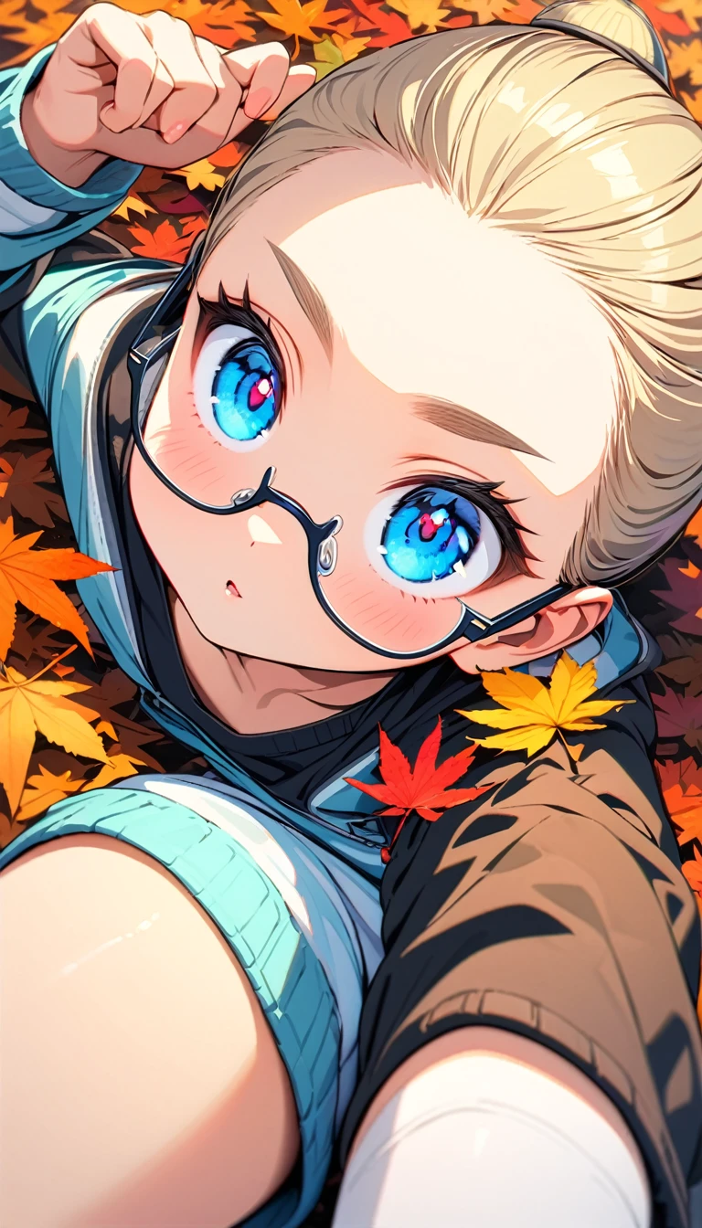 Speedy Shot,(Top quality masterpiece),detailed,ultra detailed,hyper detailed,insanely detailed,Exquisite,Beautiful Full HD,16k,cute,Fantasy,A vibrant academic community,Soft line design,Soft　Surface,Simple line drawing,The best light,Fast Shutter Speed,  depth of border described,Highly saturated colors,Vibrant colors,Vibrant colors,BREAK,
(10yo),skinny,flat chested,(forehead,hair slicked back:1.3),Beautiful blonde hair,(blue eyes),(black nodoka glasses),thick bluish eyeshadow, thin eyebrows, thick black eyeliner, Highlighted eyes with eyeliner, false eyelashes,BREAK,
Autumn leaves, lying on a pile of autumn leaves,full body,from above,happy,BREAK,
((Sweater, knit cap, short denim, high socks, boots))