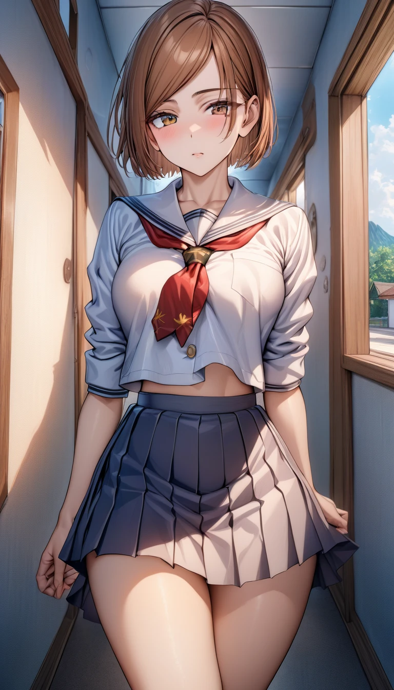 masterpiece, HDR, highres, ultra detailed, standing, full-body, 1girl, Kugisaki Nobara, female focus, close mouth, brown hair, short hair, bangs, swept bangs, brown eyes, marine school uniform, Jujutsu Kaisen, solo, looking at viewer, day time, school hallway background, best quality, amazing quality, best aesthetic, absurdres