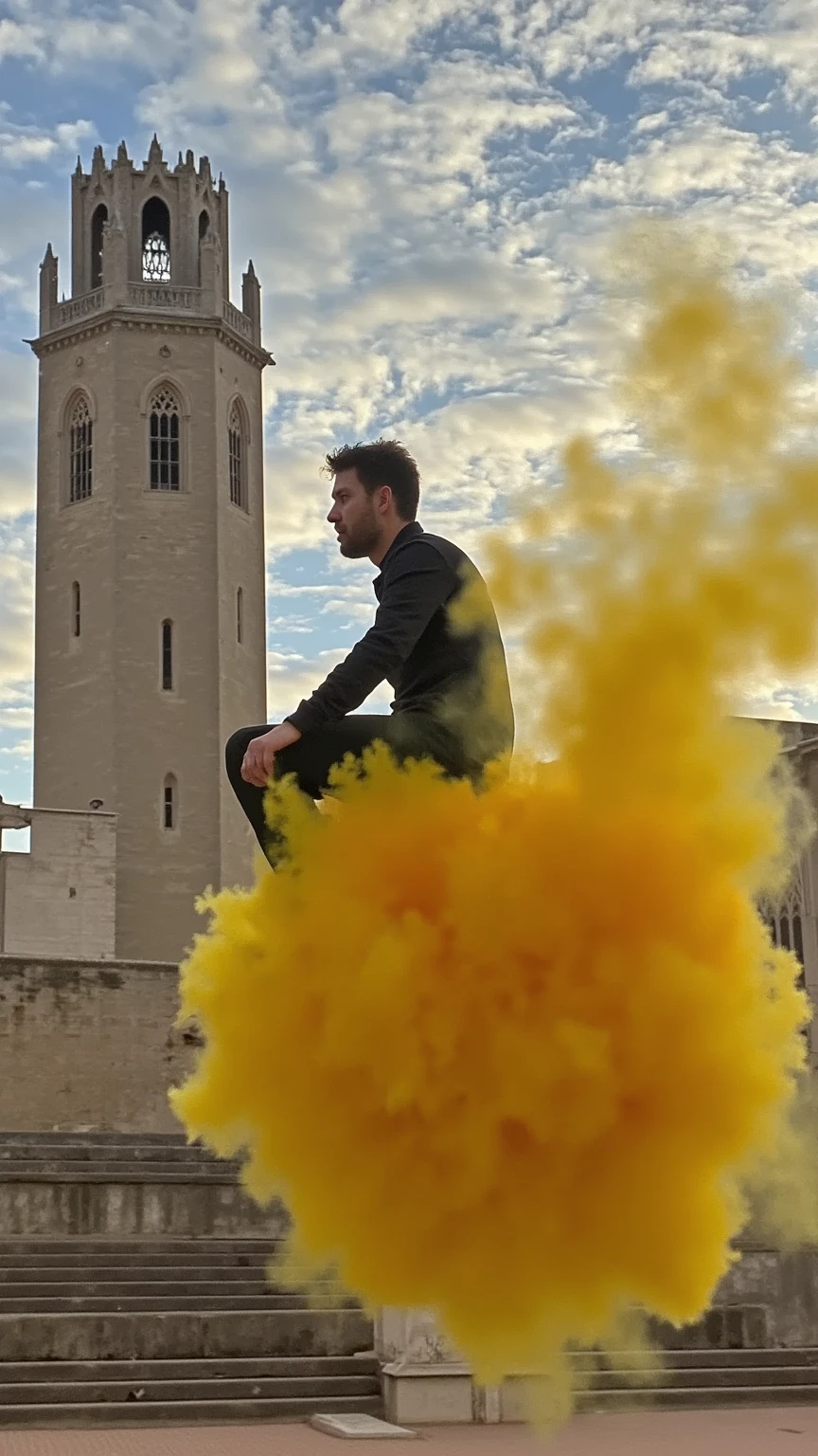 Create a hyper-realistic, cinematic image of a man dressed in casual clothing, riding a vibrant yellow cloud reminiscent of the iconic flying cloud from Dragon Ball Z, complete with a swirling, golden trail behind it. The man is soaring through a misty atmosphere, with the Seu Vella Cathedral partially visible below, its tower and a few architectural details emerging from dense fog. The cloud leaves a distinctive, wispy trail as it moves, adding a sense of speed and motion. The lighting is soft and ambient, illuminating the foggy surroundings and casting a magical glow on the yellow cloud, creating a surreal, awe-inspiring scene that combines fantasy and realism