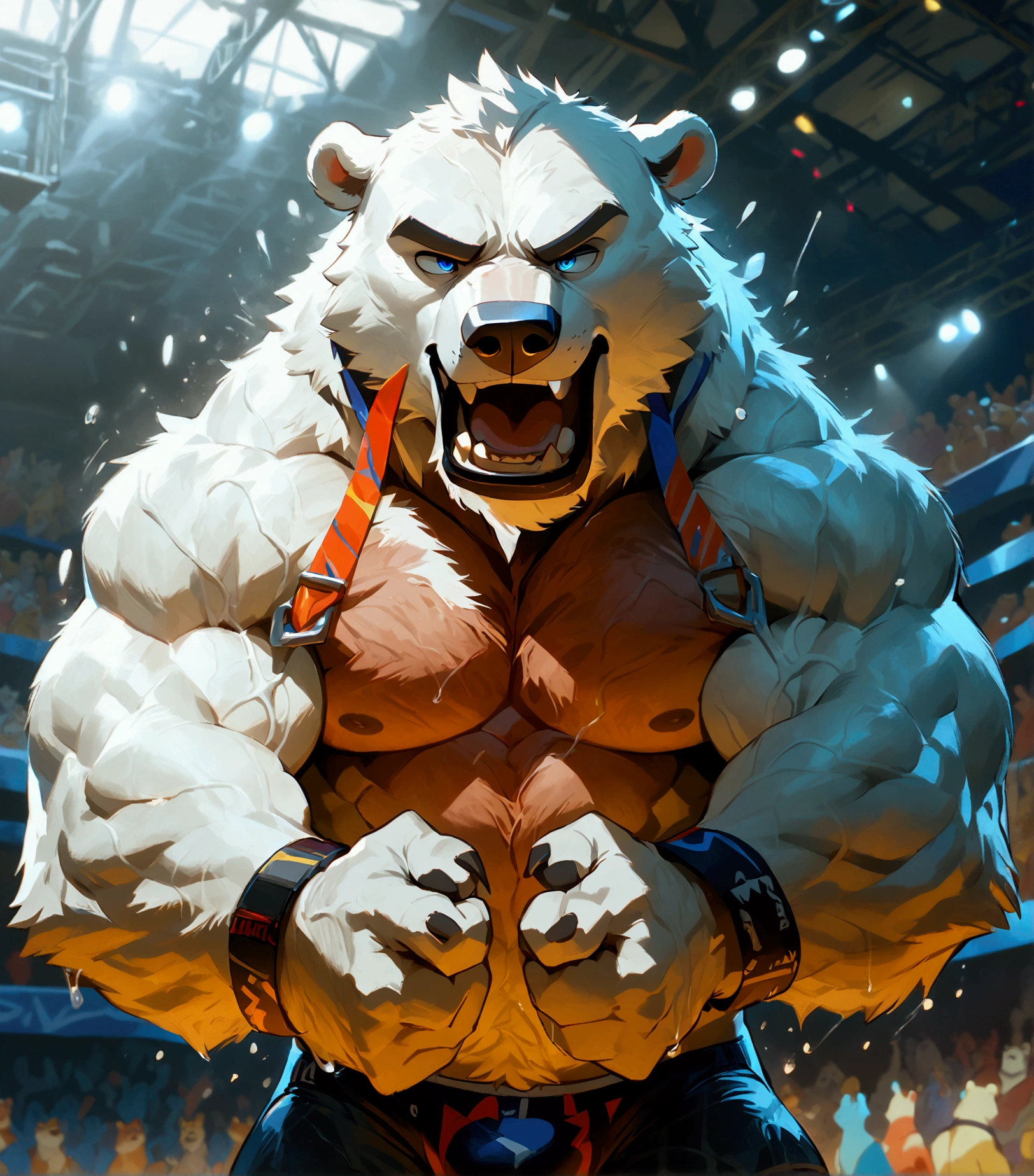 huge muscular polar bear in Bodybuilding Competition, big hulking pose, growling grunting noise, polar bear, huge white fur, thick arm, huge arm, added thick mustache, added thick beard. Short white hair, (veiny muscular, veiny pectoral, wide pectoral, thick hulking arms), stage, spotlights,  Walt Disney 2D Zootopia Animation Art Style, masterpiece, gray eyebrows added, deatiled eyes with blue pupils, (wearing black speedo, wristband, shirtless, topless, half naked, feet), bouncing his hulking pecs, strongest beast in the world