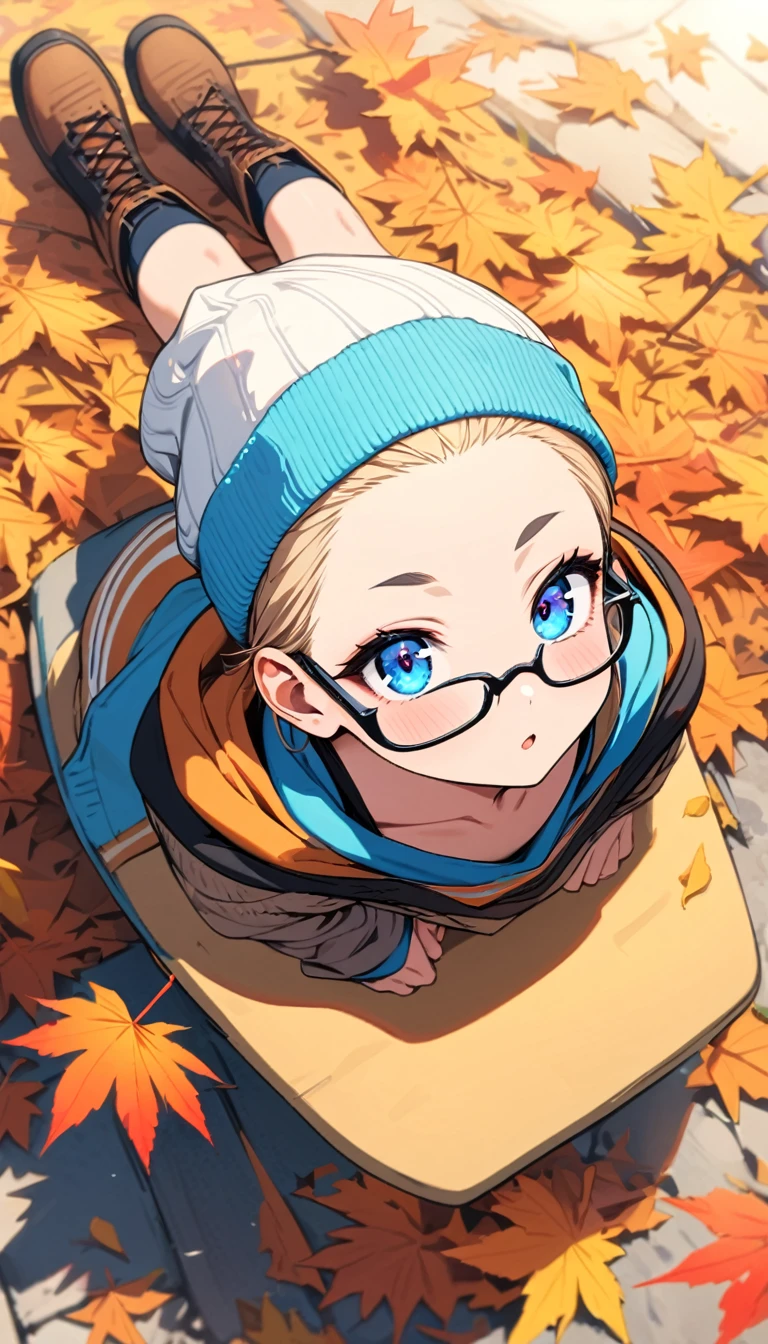 Speedy Shot,(Top quality masterpiece),detailed,ultra detailed,hyper detailed,insanely detailed,Exquisite,Beautiful Full HD,16k,cute,Fantasy,A vibrant academic community,Soft line design,Soft　Surface,Simple line drawing,The best light,Fast Shutter Speed,  depth of border described,Highly saturated colors,Vibrant colors,Vibrant colors,BREAK,
(10yo),skinny,flat chested,(forehead,hair slicked back:1.3),Beautiful blonde hair,(blue eyes),(black nodoka glasses),thick bluish eyeshadow, thin eyebrows, thick black eyeliner, Highlighted eyes with eyeliner, false eyelashes,BREAK,
Autumn leaves, lying on a pile of autumn leaves,full body,from above,happy,BREAK,
((Sweater, knit cap, short denim, high socks, boots))