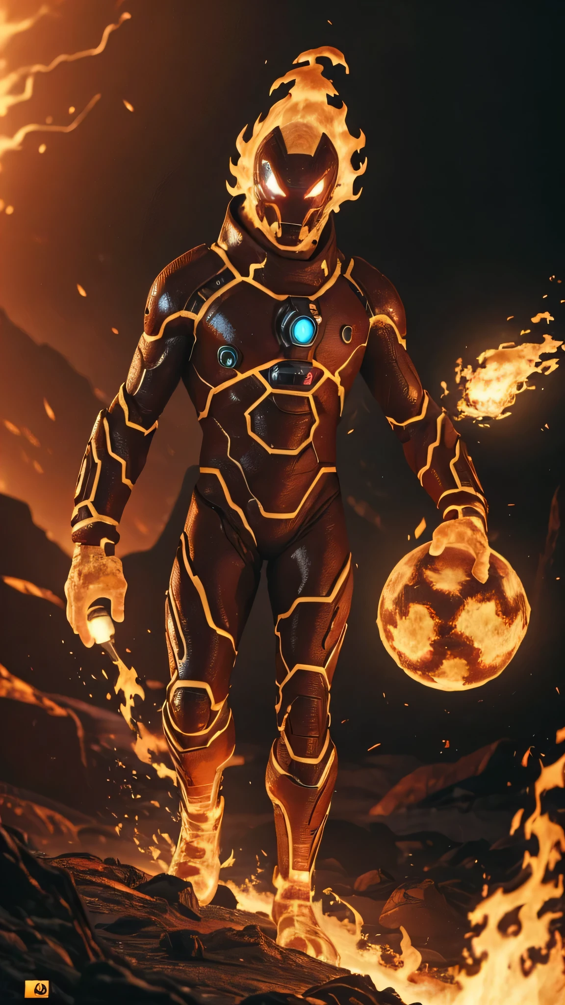 A highly detailed and photorealistic full body portrait of an alien being on his home planet, surrounded by fire and lava, with a glowing device on his chest, ultra-detailed, 8k, realistic, hyper-realistic, masterpiece, cinematic lighting, volumetric fog, intricate details, dynamic pose