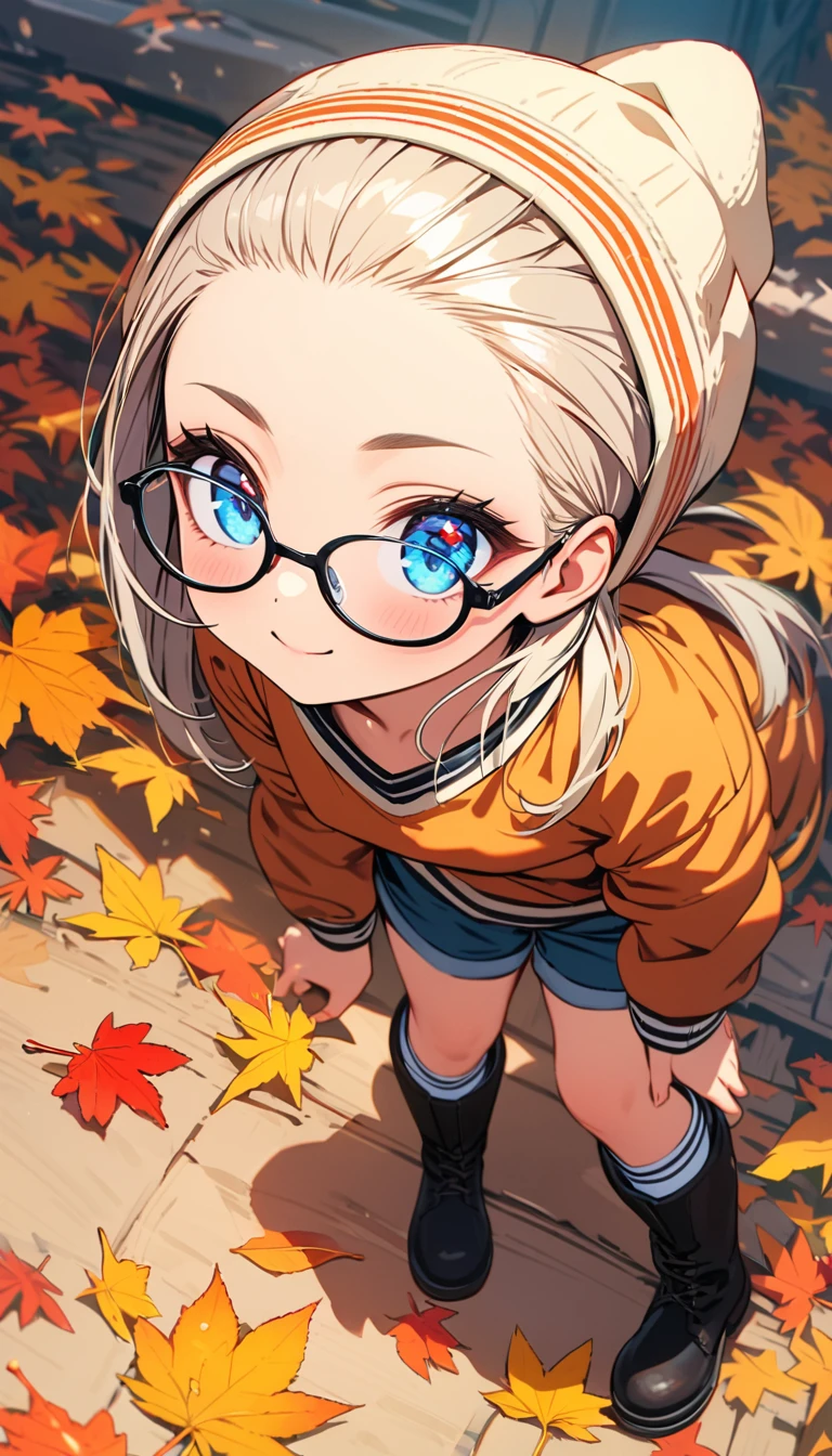 Speedy Shot,(Top quality masterpiece),detailed,ultra detailed,hyper detailed,insanely detailed,Exquisite,Beautiful Full HD,16k,cute,Fantasy,A vibrant academic community,Soft line design,Soft　Surface,Simple line drawing,The best light,Fast Shutter Speed,  depth of border described,Highly saturated colors,Vibrant colors,Vibrant colors,BREAK,
(10yo),skinny,flat chested,(forehead,hair slicked back:1.3),Beautiful blonde hair,(blue eyes),(black nodoka glasses),thick bluish eyeshadow, thin eyebrows, thick black eyeliner, Highlighted eyes with eyeliner, false eyelashes,BREAK,
Autumn leaves, lying on a pile of autumn leaves,full body,from above,happy,BREAK,
((Sweater, knit cap, short denim, high socks, boots))