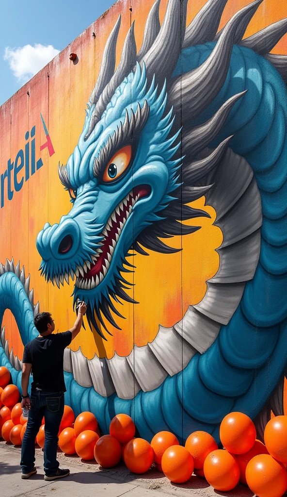 A large modern studio, a young Japanese artist, draws a fantasy picture on the wall, a dragon comes to life in the picture, side view, hyperrealism, soft lighting, fish eye, high detail