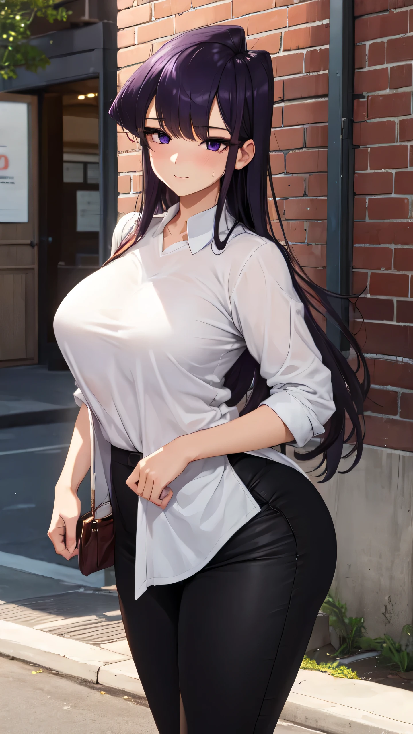 (High quality, High resolution, Fine details), Brick Wall Street Corner, Long Black Knit Tops, long white pants, (Lean Forward), solo, 1girl, Komi Shouko, curvy adult women, large breasts, (Tilt-Head), Purple hair, Adult Hair Style, sparkling eyes, (Detailed eyes:1.2), Natural Makeup, smile, blush, Sweat, Oily skin, Soft tones, shallow depth of field