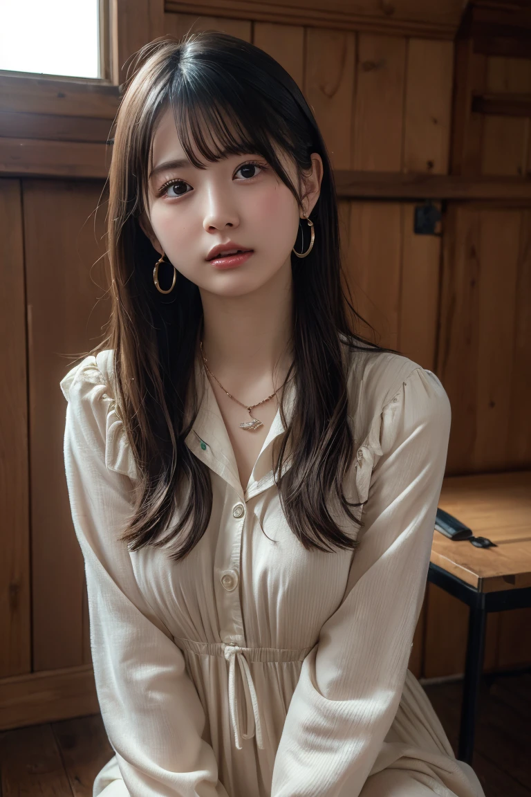 (Highest quality:1.3) (Very realistic, realistic:1.3), (Sharp focus:1.3) (Very realistic and high quality.:1.3). (High quality and highly detailed.:1.3) table top, Very delicate and beautiful, soft light, (brown hair, Straight, shoulder-length hair blows in the wind.), Beautiful girl captures details, (finger details:1.3) , Highly detailed eyes and face, Beautifully detailed nose, Detailed and beautiful eyes, 1 woman, Japan, beautiful nature, cute, young people, dress shirt, trousers, (half body:1.3), (Medium bust), realistic face, realistic body,