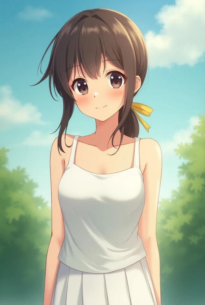 cute anime woman in sundress raising arms and showing you both her armpits up close, glistening with sweat, outdoors, long hair, hair put behind and not blocking arms, under the sun during noon