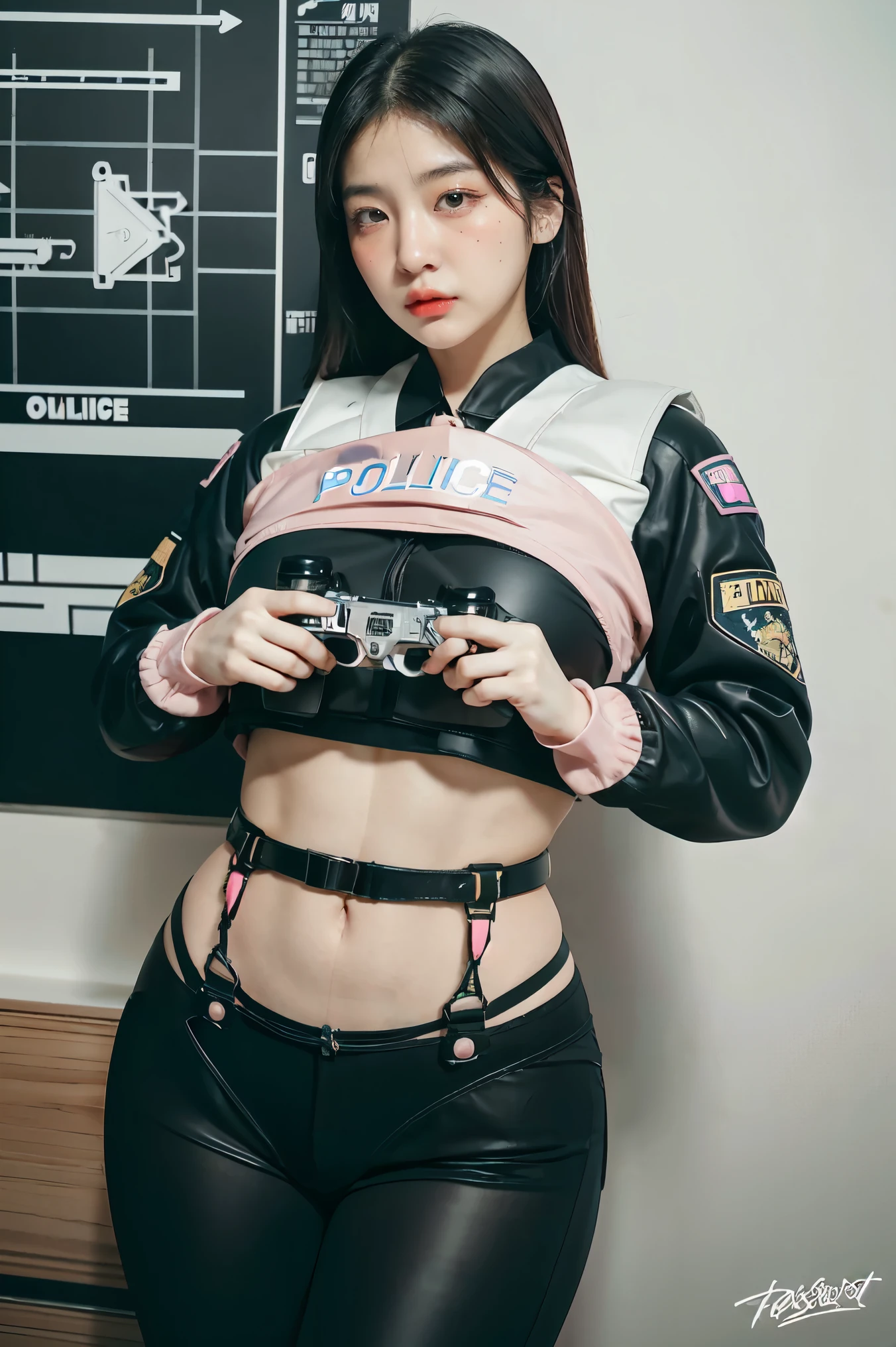 (Highest image quality, outstanding details, ultra-high resolution), (realism: 1.4), favor details, highly condensed 1 beautiful Korean girl, with a delicate and beautiful face, ((cowboy shot)), (a bit chubby:0.4), (wearing black racing suit likes police uniform, black and pink mecha pants, wearing military harness, holding a machinegun), background simple grey concrete,