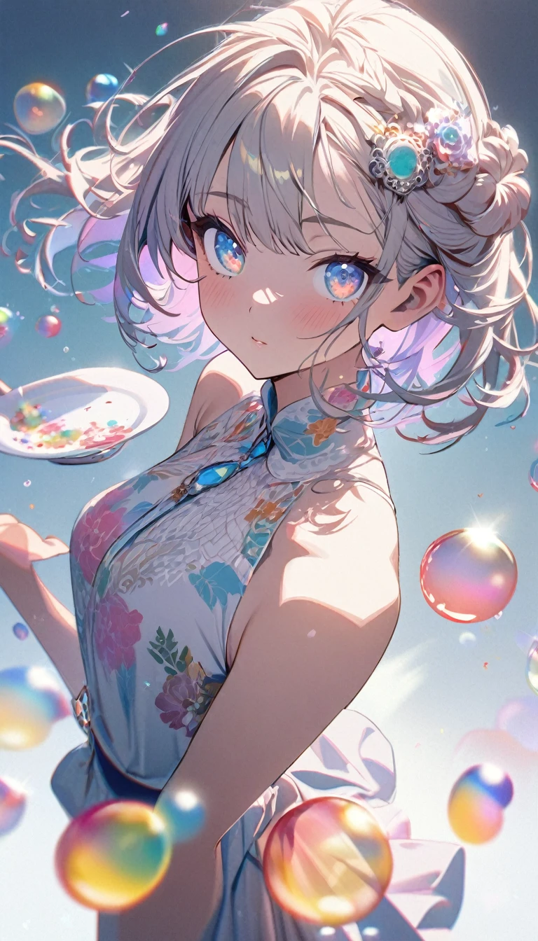 ((highest quality, 8K)), (realistic), (face focus: 1.1), (black and white: 1.3), pretty girl, short hair, hair blowing in the wind, turn to the side, (sleeveless: 1.1)、skirt, D cup breasts,countless soap bubbles, White Tiger
