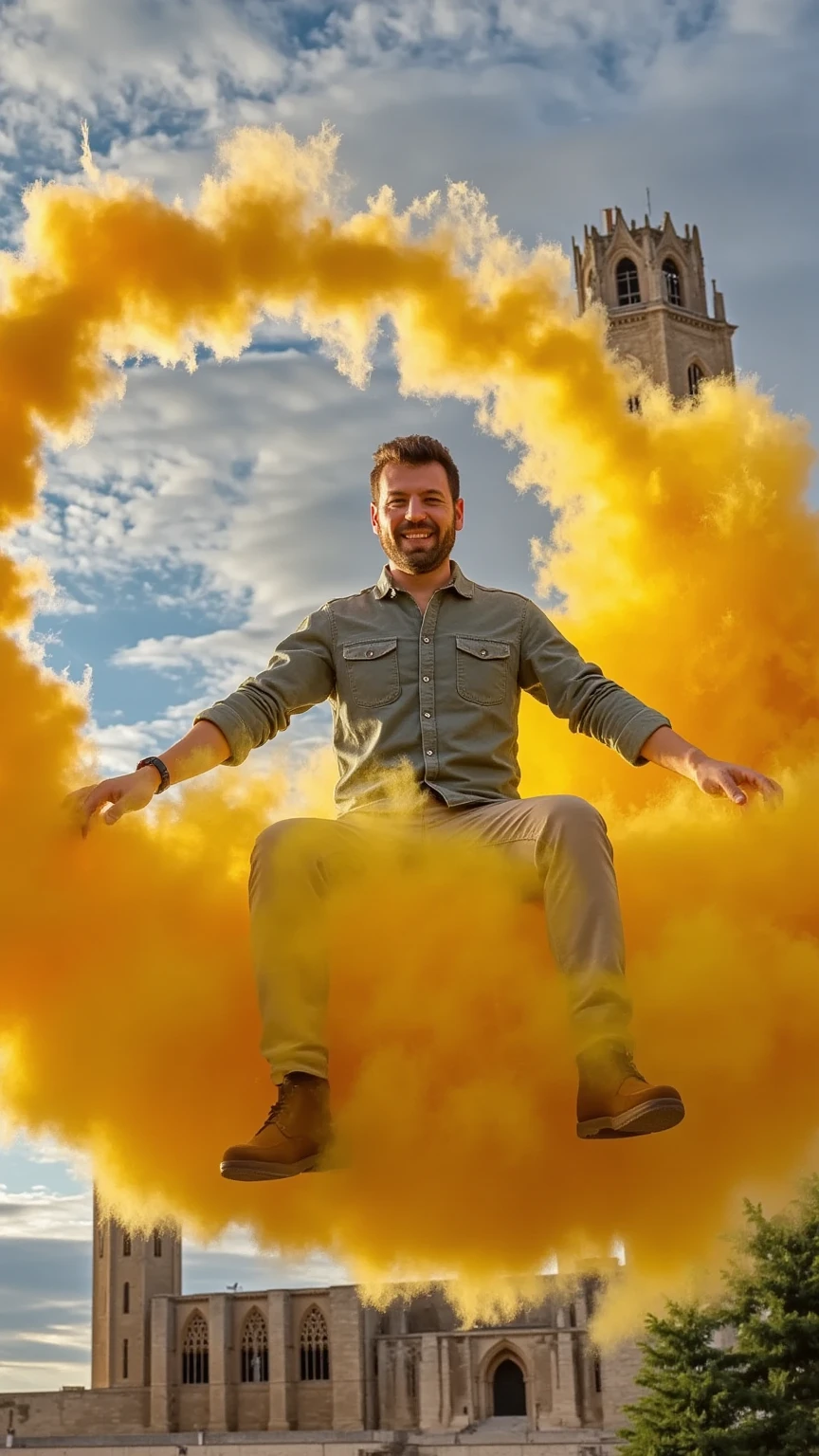 Create a hyper-realistic, cinematic image of a man in casual clothing riding a dense yet gaseous yellow cloud, faithfully replicating the texture and appearance of the iconic flying cloud from the original Dragon Ball anime. The cloud has a dense, fluffy form with a vibrant yellow hue, appearing both soft and substantial. It leaves a dynamic, swirling trail that curves from behind the tower of the Seu Vella Cathedral, which is partially visible through thick fog in the background. The man faces forward, smiling warmly at the camera, becoming the focal point of the scene. The lighting casts a warm glow on him and the cloud, enhancing its magical, anime-inspired quality, while the cathedral emerges from the mist, adding a majestic and epic feel to the background