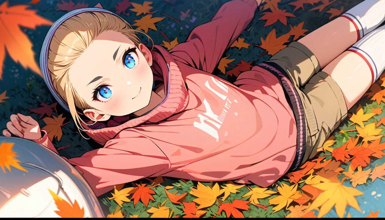 Speedy Shot,(Top quality masterpiece),detailed,ultra detailed,hyper detailed,insanely detailed,Exquisite,Beautiful Full HD,16k,cute,Fantasy,A vibrant academic community,Soft line design,Soft　Surface,Simple line drawing,The best light,Fast Shutter Speed,  depth of border described,Highly saturated colors,Vibrant colors,Vibrant colors,BREAK,
(10yo),skinny,flat chested,(forehead,hair slicked back:1.3),Beautiful blonde hair,(blue eyes),(black nodoka glasses),thick bluish eyeshadow, thin eyebrows, thick black eyeliner, Highlighted eyes with eyeliner, false eyelashes,BREAK,
Autumn leaves, lying on a pile of autumn leaves,full body,from above,happy,BREAK,
((Sweater, knit cap, short denim, high socks, boots))