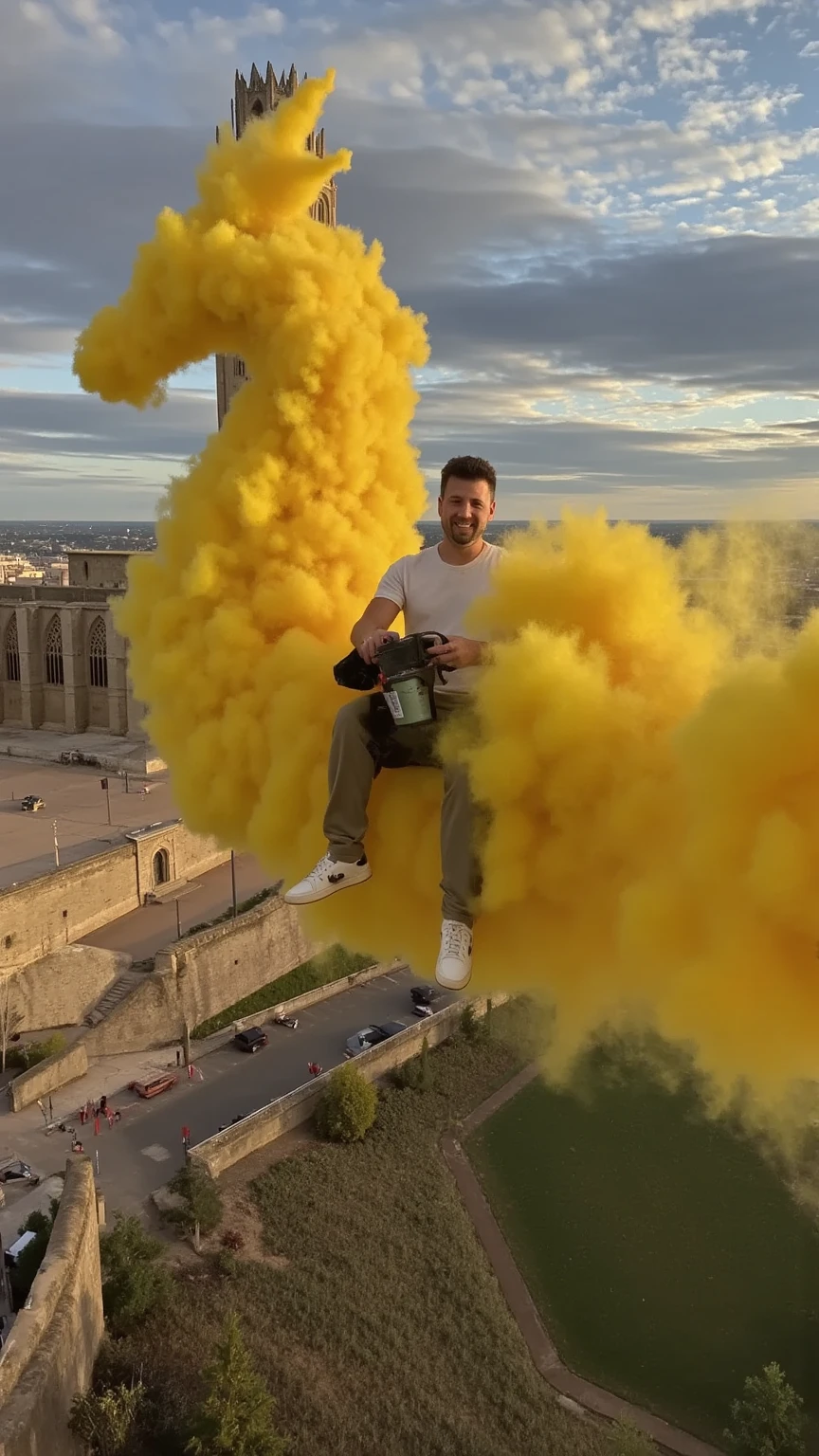 Create a hyper-realistic, cinematic image of a man in casual clothing riding a dense yet gaseous yellow cloud, faithfully replicating the texture and appearance of the iconic flying cloud from the original Dragon Ball anime. The cloud has a dense, fluffy form with a vibrant yellow hue, appearing both soft and substantial. It leaves a dynamic, swirling trail that curves from behind the tower of the Seu Vella Cathedral, which is partially visible through thick fog in the background. The man faces forward, smiling warmly at the camera, becoming the focal point of the scene. The lighting casts a warm glow on him and the cloud, enhancing its magical, anime-inspired quality, while the cathedral emerges from the mist, adding a majestic and epic feel to the background