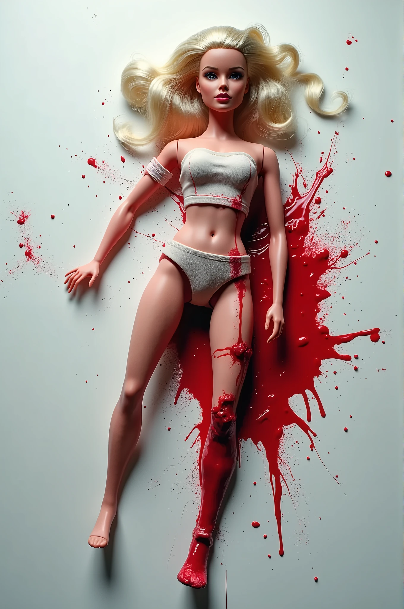 ( Masterpiece:1.25, exposed:1.2, White and vivid colors, navel), (sexy junior idol), ((face variations, Hair variations)), portrayed in the best quality and high resolution. The image should be ultra-detailed, realistic, and photorealistic with a touch of rawness. The lighting should be emphasized to bring out the details of the face. The medium can be a combination of photography and concept art. The color tone should be vibrant and vivid, enhancing the overall visual impact. (Whole Body proportions and all limbs are anatomically accurate, Detail of blood stained delicate crotch) . ((no extra limbs)), nipple:-0.8 .