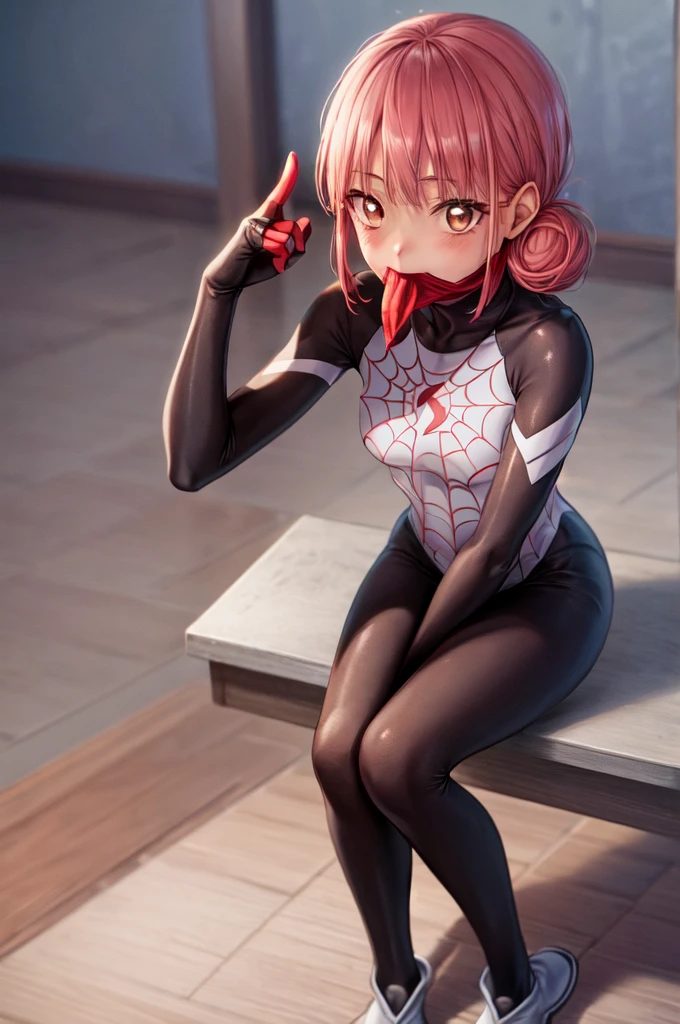 (masterpiece, Best Quality:1.2), Alone,  1 girl, Cindy Moon ,  standing, Sit-in,  mouth mask,  short hair , bodysuit,  Spider Web Print，1girl, Alone, short hair, double bun, pink hair, brown eyes,Braided Long Boots 