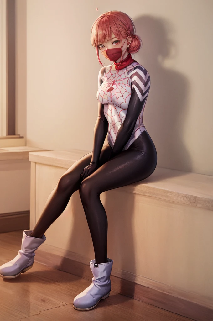 (masterpiece, Best Quality:1.2), Alone,  1 girl, Cindy Moon ,  standing, Sit-in,  mouth mask,  short hair , bodysuit,  Spider Web Print，1girl, Alone, short hair, double bun, pink hair, brown eyes,Braided Long Boots 