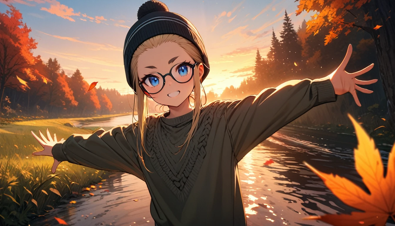 Speedy Shot,(Top quality masterpiece),detailed,ultra detailed,hyper detailed,insanely detailed,Exquisite,Beautiful Full HD,16k,cute,Fantasy,A vibrant academic community,Soft line design,Soft　Surface,Simple line drawing,The best light,Fast Shutter Speed,  depth of border described,Highly saturated colors,Vibrant colors,Vibrant colors,BREAK,
(10yo),skinny,flat chested,(forehead,hair slicked back:1.3),Beautiful blonde hair,(blue eyes),(black nodoka glasses),thick bluish eyeshadow, thin eyebrows, thick black eyeliner, Highlighted eyes with eyeliner, false eyelashes,BREAK,
Autumn leaves, lying on a pile of autumn leaves,full body,from above,happy,BREAK,
((Sweater, knit cap, short denim, high socks, boots))