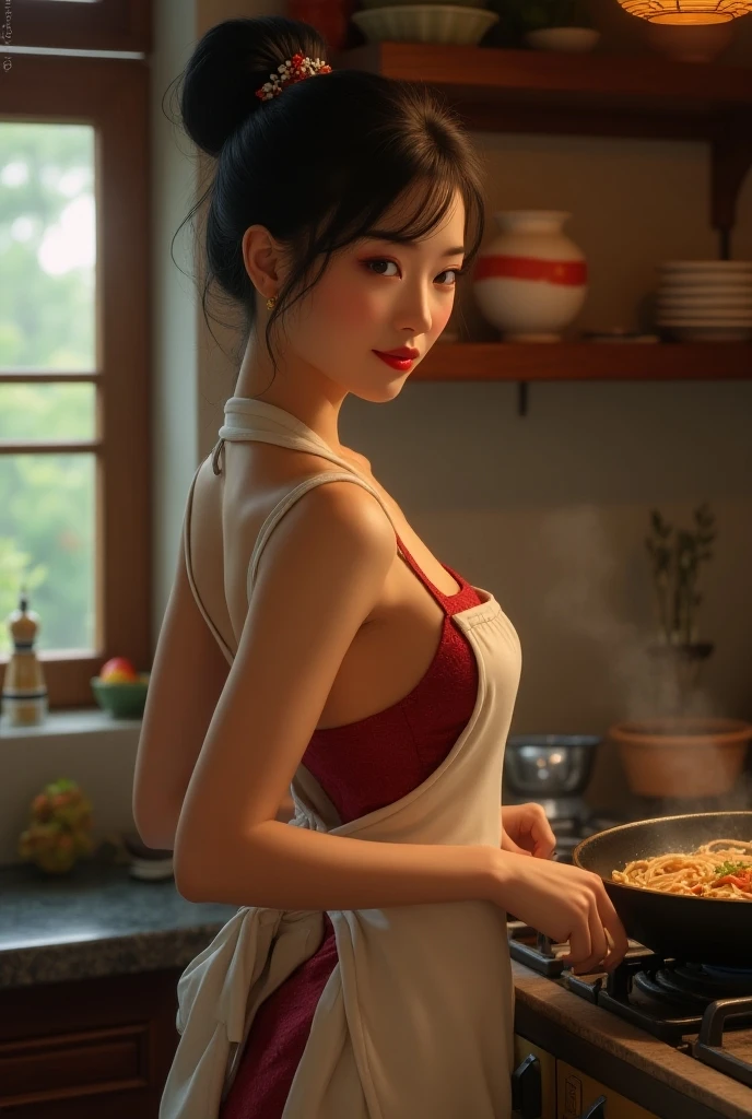1girl in, japanes, Cutie, Petite, slim, Perfect body,  Apron, large full breasfect eyes, Messy bun hair, standing in a kitchen, Cooking, Food confusion on the wall, Food everywhere, Messy, gross, Food Fight, Film grain, Cinematic, Lens bokeh, epic composition, Natural lighting, Photography, hyper realisitic, double exposure, Blurry, Motion Blur, absurderes, hight resolution, High quality, Best Quality, masutepiece, Convoluted,