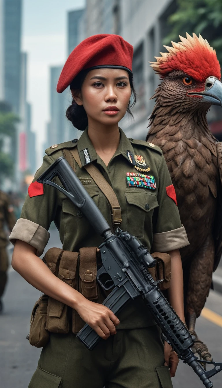 A highly detailed portrait of an Indonesian woman soldier wearing a red beret, holding an M16 rifle, with full military attire, walking on a busy city street, accompanied by a massive brown and white giant Garuda bird standing beside her, (best quality,4k,8k,highres,masterpiece:1.2),ultra-detailed,(realistic,photorealistic,photo-realistic:1.37),intricate details,exquisite lighting,cinematic,dramatic atmosphere,powerful expression,heroic pose,military precision,imposing presence of the Garuda,iconic Indonesian symbolism, green striped uniform,