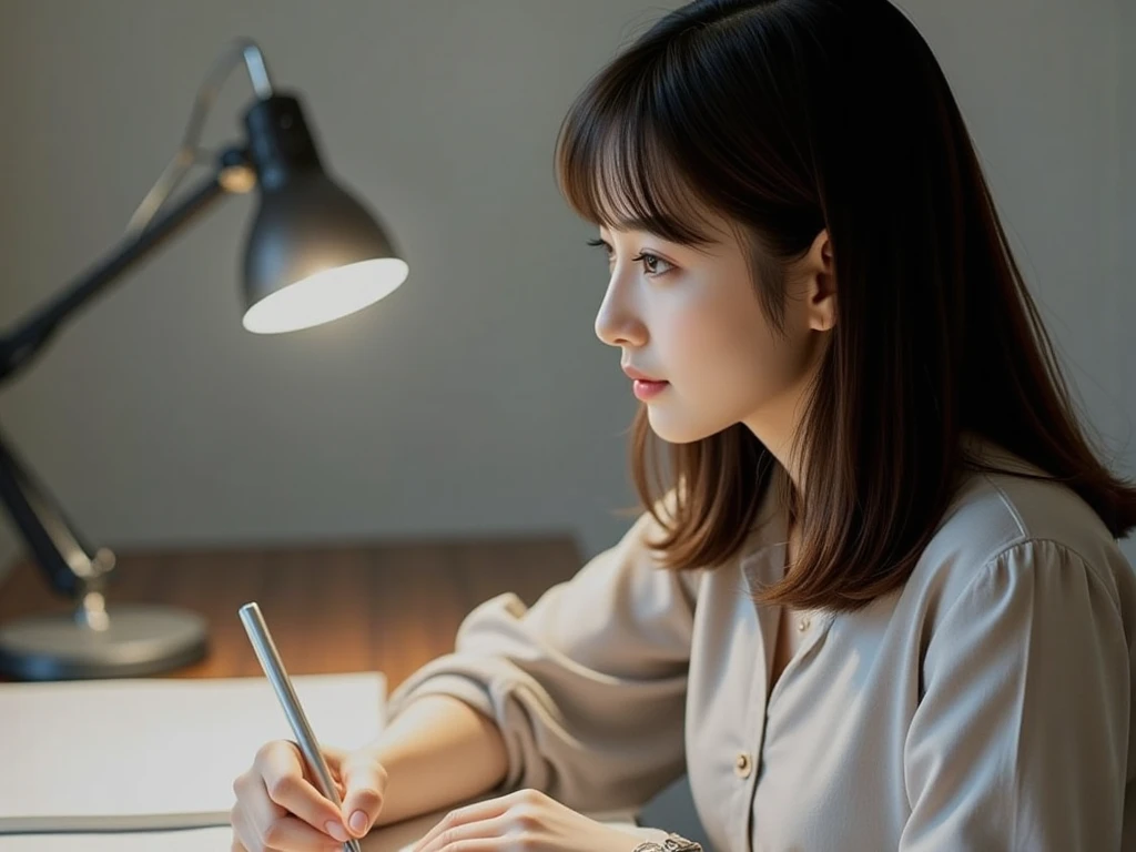 High image quality (8k image quality), high definition, outstanding work, appropriate subject depth, appropriate focus, Leica camera quality, RAW image quality, realistic、A woman studying at her desk、Detailed pupils, detailed lips, perfect hand, perfect finger、Perfect nails, detailed hands, detailed fingers, detailed nails,FLUX,east asian woman,
asian woman