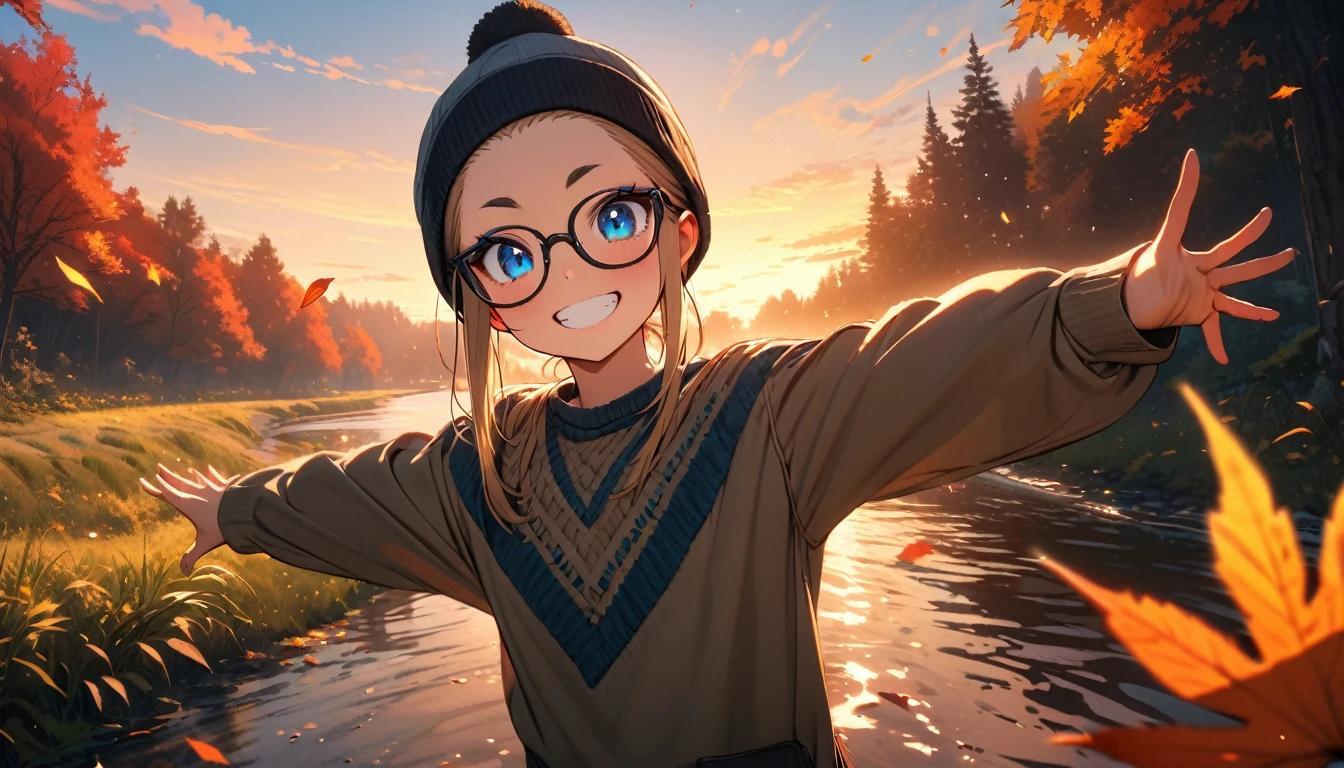 Speedy Shot,(Top quality masterpiece),detailed,ultra detailed,hyper detailed,insanely detailed,Exquisite,Beautiful Full HD,16k,cute,Fantasy,A vibrant academic community,Soft line design,Soft　Surface,Simple line drawing,The best light,Fast Shutter Speed,  depth of border described,Highly saturated colors,Vibrant colors,Vibrant colors,BREAK,
(10yo),skinny,flat chested,(forehead,hair slicked back:1.3),Beautiful blonde hair,(blue eyes),(black nodoka glasses),thick bluish eyeshadow, thin eyebrows, thick black eyeliner, Highlighted eyes with eyeliner, false eyelashes,BREAK,
Autumn leaves, lying on a pile of autumn leaves,full body,from above,happy,BREAK,
((Sweater, knit cap, short denim, high socks, boots))