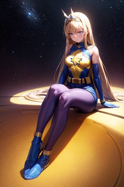 ((best quality)), ((masterpiece)), (detailed), 1 girl, Full body, 19 years old, Sad face, Blue eyes, Empty eyes, Star-shaped tiara, Arms forward, Eye mask, Blue superhero mask, Blonde hair, Straight hair, Long hair, Bangs, 2 star clips on the sides of the hair, Full body, Medium breasts, Slim body, Creating a small yellow star on her hands, Hands forward, Yellow wristbands, Long purple gloves, Blue gloves, Superhero costume, Superheroes, Yellow leotard suit, With a big yellow star in the center, Star emblem, Something tight, Long yellow cape on the waist, Red belt, Purple legs, Purple pantyhose, Blue boots, Legs forward, Looking down, Sitting on a meteor, Space background, Anime