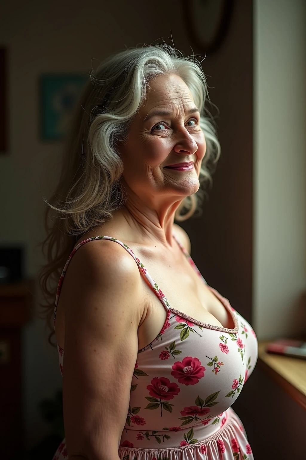 70 years old, an attractive woman named Nancy has silver hair, look, (huge big breasts), bare breasts, bend over, green eyes, detailed background, Surreal, current, Surreal, There are wrinkles on the body, sensual lingerie, clean, smile slight, teeth inside, dim light, extremely high detail, high dynamic range.