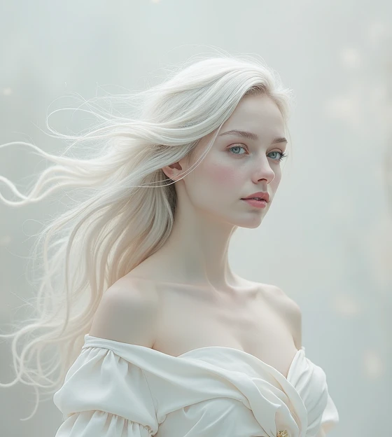 Best quality, master works, HD, 8k, 20 year old woman, dancing body, translucent clothes, flowing bands, super beautiful face, super beautiful eyes, super beautiful hair, silver hair, detailed skin, physical reflections, in ethereal minimalist style, ethereal illustrations, Philip McKay, multi-layered