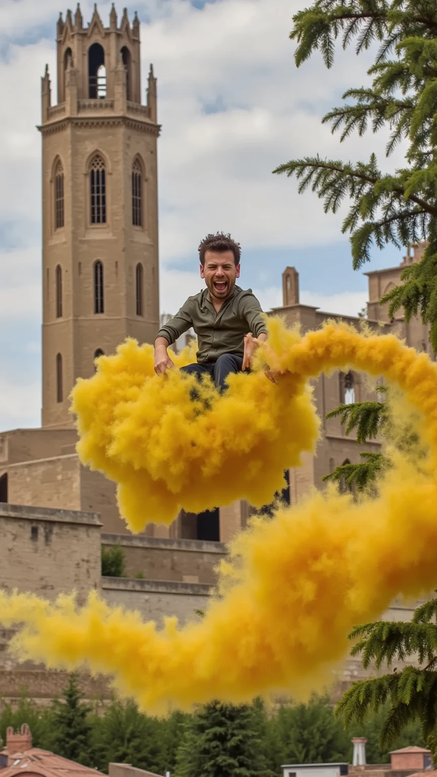 Create a hyper-realistic, cinematic image of a man with a slightly oversized, caricatured head and a joyful, exaggerated expression, riding a compact, cartoonish yellow cloud that’s smaller than his body, inspired by the iconic flying cloud from Dragon Ball. The cloud is dense yet gaseous, with a playful, exaggerated shape, giving a sense of speed and momentum. It leaves a swirling, animated trail behind, curving from behind the tower of the Seu Vella Cathedral, which rises through a thick fog in the background. The man is facing forward, appearing thrilled as he flies at high speed, with the wind subtly affecting his hair and clothes. The entire scene captures a dynamic, whimsical feeling with realistic lighting and textures, combining the epic atmosphere of the cathedral with a playful, animated style