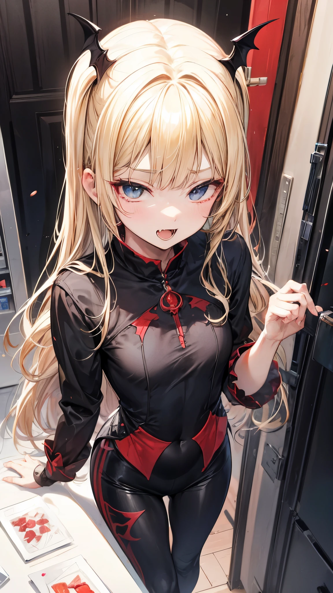         First Person View,              anatomically accurate   ,         Best Quality   ,            Details, 

 blonde girl、vampire、Show your fangs、

   egocentric prank  ：1.3、               Machine Pipe with Cookhold         