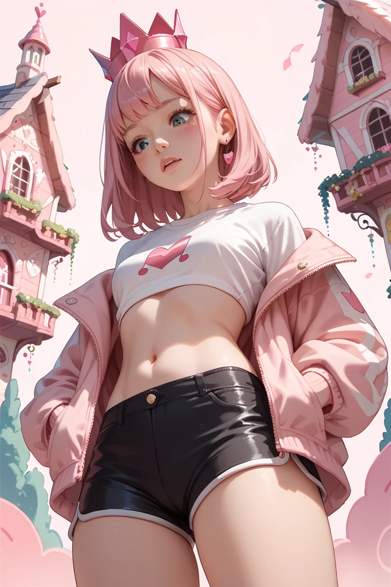 A FEMALE DJ ,  WITH PINK CROWN ,  LOOKING DOWN , leaning,  jacket focus, extremely sexy, delicious, 16 YEARS OLD, out, tight shorts, pink background, CANDY HOUSE , pink hair