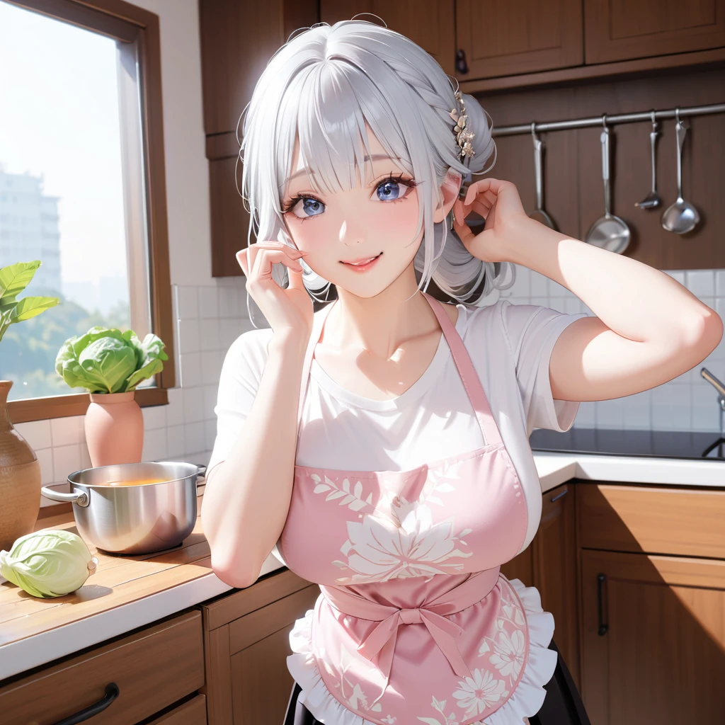 alice, anime art style, 1girl, solo, breasts, looking_at_viewer, smile, short_hair, open_mouth, large_breasts, red_eyes, hair_between_eyes, upper_body, white_hair, :d, blurry, chef