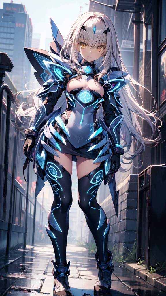 A tech-savvy femme fatale, her form embellished with glowing, bioluminescent implants and circuitry, walking along a bridge made of intertwined, luminescent fractal patterns that connect two colossal megastructures pulsating with energy in a dystopian cityscape.