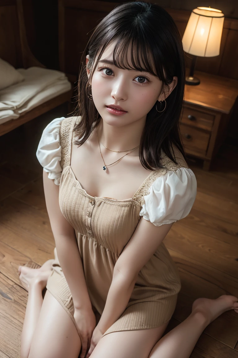 (Top image quality、8K、masterpiece:1.3))、Realistic high-quality photos、top-quality、girl cute-fine face、 beautiful Japan girl、Photo of slim little girl iful girl model、young japanese girl、Young cute face、japanaese girl、13-year-old female model、Beautiful Model Girl、The innocent look of the girl next door、lovely delicate face、Brown hair、Beautiful brown eyes、Tear bag、drooing eyes、young body、(silk dresses、long skirt)(off shoulders)