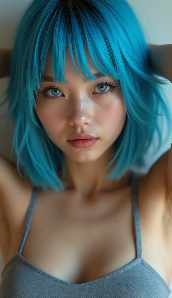 Completely naked, Full body portrait, head to toe, Hot young, tiny, petite, Asian girl, completely naked, full frontal nudity, great big, giant, humongous, oversized tits, bright blue eyes, Blue hair, tender features, slender, smiling, dark, stained wall in the background, Professional quality, digital photograph, 3D, 4k, 8k, 32k UHD, 1080p, Hyper realistic, photorealistic, extremely colorful, vibrant, photorealistic, realistic, sharp, highly detailed, professional quality, beautiful, awesome, majestic, superb, trending on artstation