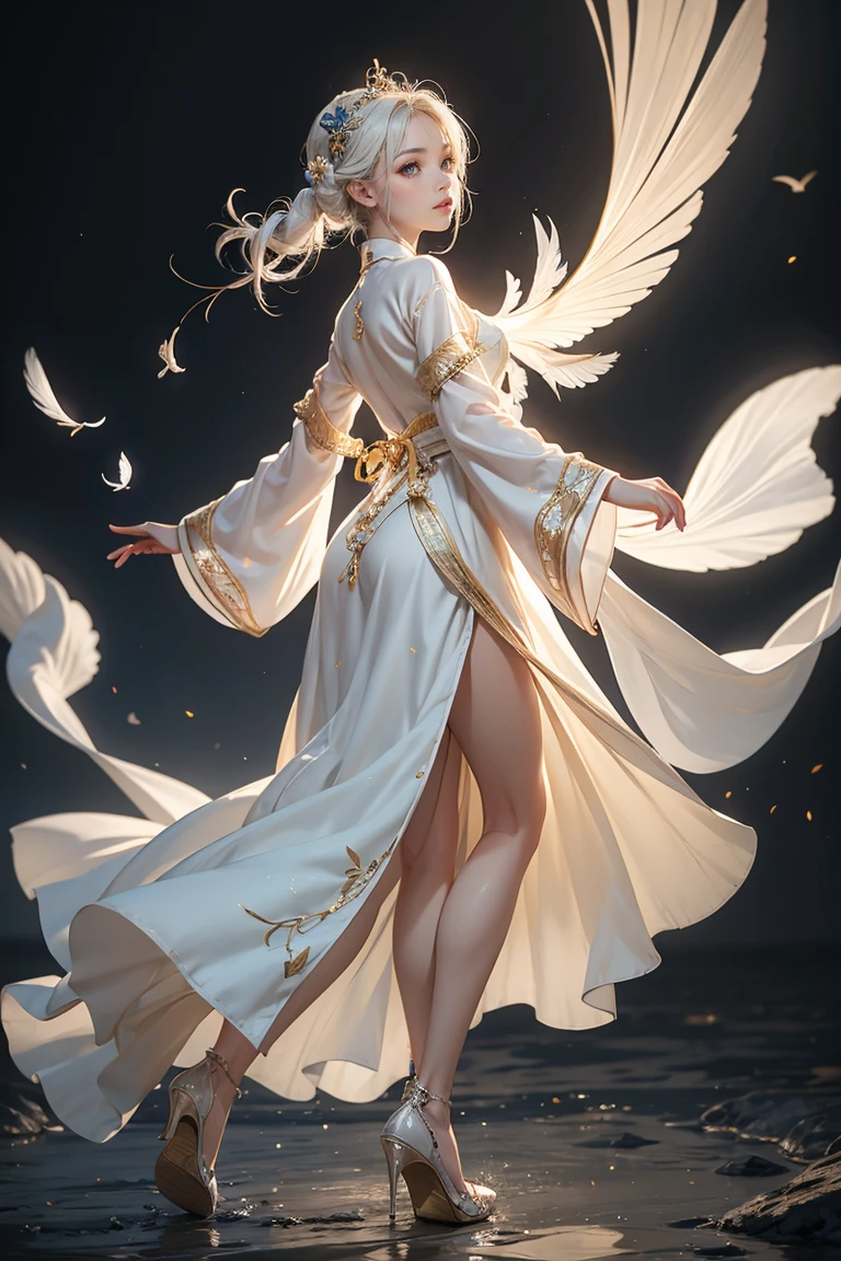 1Chinese woman, Yellow-white skin ,  Pure White Hair,  glowing eyes ,  Hanfu Dress , White suit, Krabi, การเต้นรำKrabi, high-heels,  feathers fluttering in the air, Dynamic background , spell, 3D Realistic Images, Dark tone,  blue waters ,  dynamic waterline swirling back and forth, Waterline buoyancy 