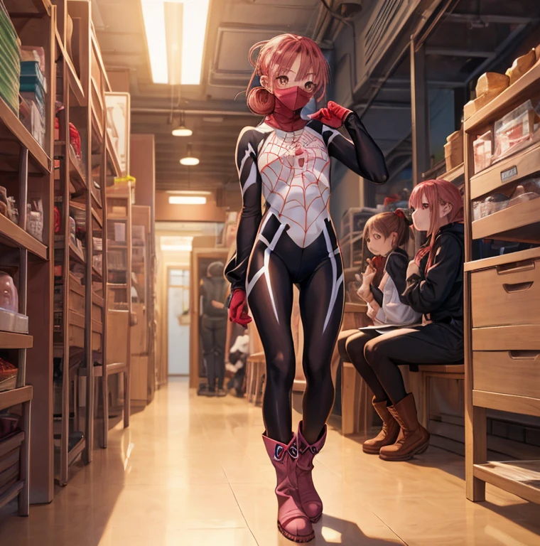 (masterpiece, Best Quality:1.2), Alone,  1 girl, Cindy Moon ,  standing, Sit-in,  mouth mask,  short hair , bodysuit,  Spider Web Print，1girl, Alone, short hair, double bun, pink hair, brown eyes, long boots for stepping on bread