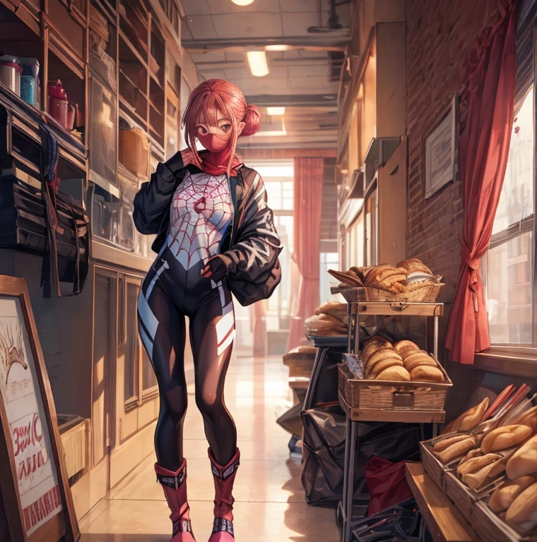 (masterpiece, Best Quality:1.2), Alone,  1 girl, Cindy Moon ,  standing, Sit-in,  mouth mask,  short hair , bodysuit,  Spider Web Print，1girl, Alone, short hair, double bun, pink hair, brown eyes, long boots for stepping on bread