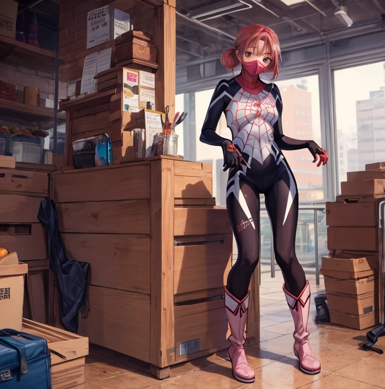 (masterpiece, Best Quality:1.2), Alone,  1 girl, Cindy Moon ,  standing, Sit-in,  mouth mask,  short hair , bodysuit,  Spider Web Print，1girl, Alone, short hair, double bun, pink hair, brown eyes, long boots for stepping on bread