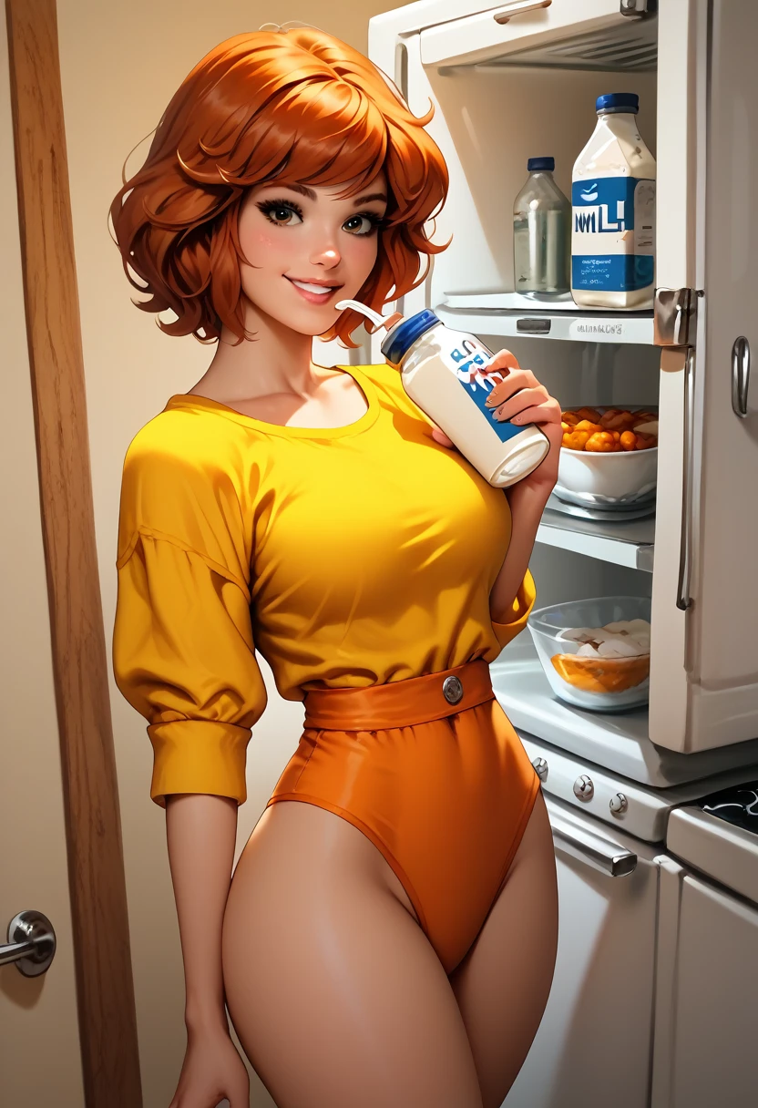 score_9, score_8_above, score_7_above, to break, score_9, smile, light skin,april o Neil  ,   asymmetric hair  ,  pink open shoulder shirt  +   small orange panties,  looking at the spectator,  thick thighs  , pose sexy, sexy expression,cowboy shot, standing in the kitchen,drinking milk, Open refrigerator, Refrigerator light  ,   High definition  , detailed,standing in the kitchen drinking milk na caixa, Open refrigerator, Refrigerator light  ,   High definition  , detailed Alta qualidade, masterpiece,detailed.
