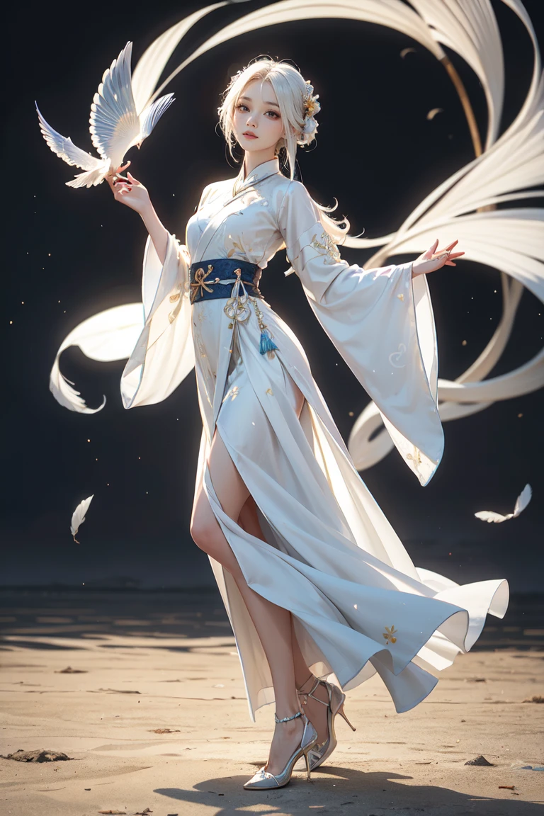 1Chinese woman, Yellow-white skin ,  Pure White Hair,  glowing eyes ,  Hanfu Dress , White suit, Krabi, การเต้นรำKrabi, high-heels,  feathers fluttering in the air, Dynamic background , spell, 3D Realistic Images, Dark tone,  blue waters ,  dynamic waterline swirling back and forth, Waterline buoyancy 