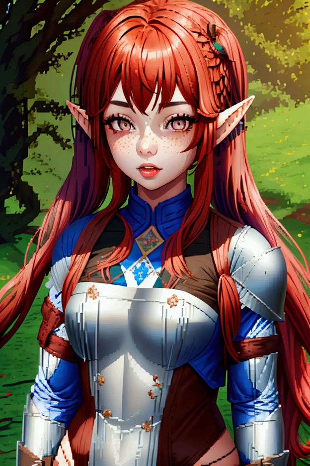 Half elf girl , with elf ears, with brown eyes, with red hair, On the head Two pigtails , over flowing hair ,  woven into ribbons ,  face is slightly elongated , Like the Elves, Light skin,  but with freckles on her face .  pants , dressed in leather armor with blue elements