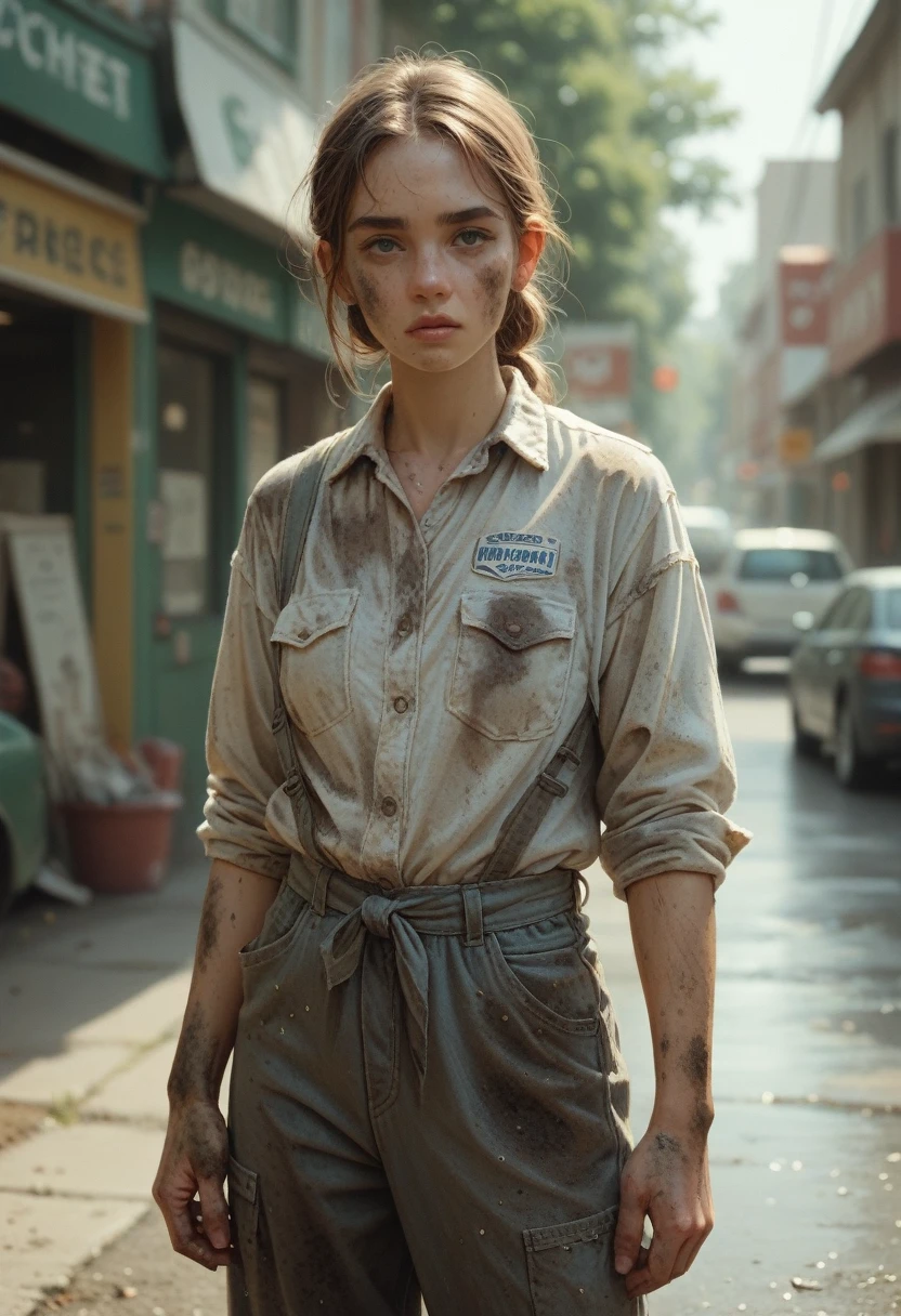 Girl with brown hair in a tousled ponytail white long-sleeved shirt and shorts, in a dirty alley scared